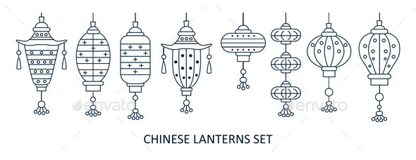 Set of Asian Street and Chinese Holiday Lanterns