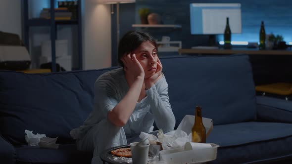 Upset Depressed Disappointed Woman Looking Lost on Tv