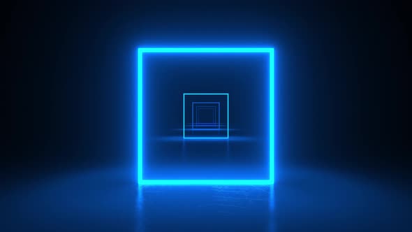 Squares neon blue light in black hall room