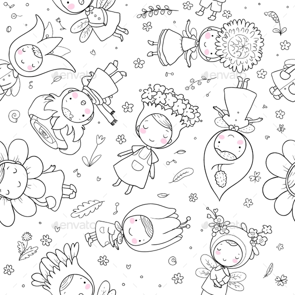 Pattern with Cartoon Flower Fairies