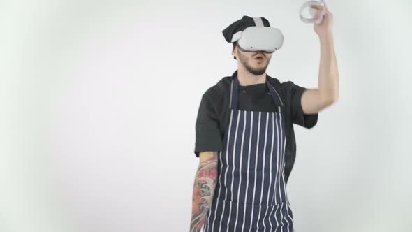 Chef Experiencing Virtual Reality Using VR Headset Glasses, Playing Game 