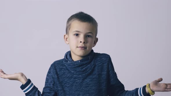 Portrait of child boy shrugging his shoulders making innocent I don't know expression.