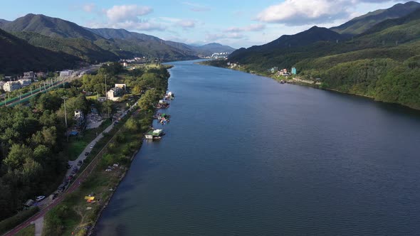 4K Aerial Drone Footage View of Jet skiing in Han River