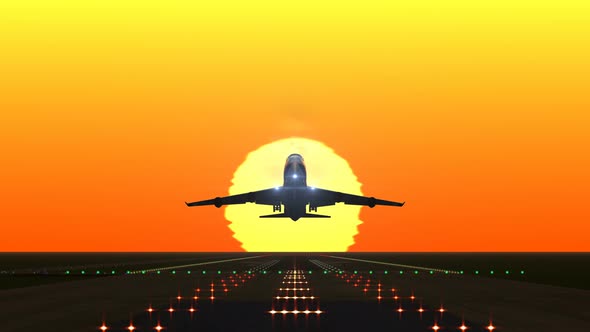 Airplane Departing from Airport Runway against Sunset or Sunrise