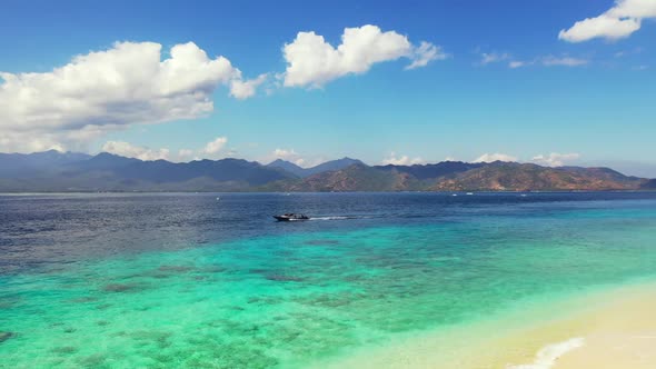 Aerial top down nature of perfect sea view beach adventure by clear sea with white sandy background 