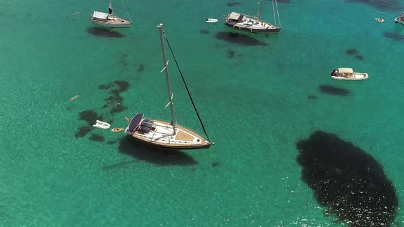 Aerial view of boats anchored in the mediterranean sea, Greece.