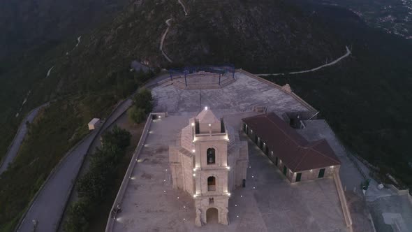 Senhora da Graca church drone aerial view in Mondim de Basto landscape at sunset, in Portugal