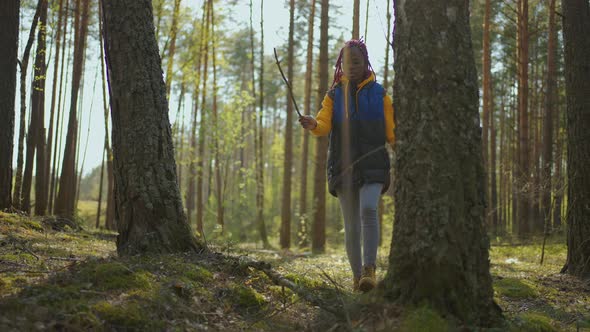 Hiker African Black Backpacker Woman on Hiking Adventure Feeling Freedom Walking in Forest Female