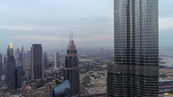 Aerial view of Burj Khalifa skyscrapers in Dubai, U.A.E.