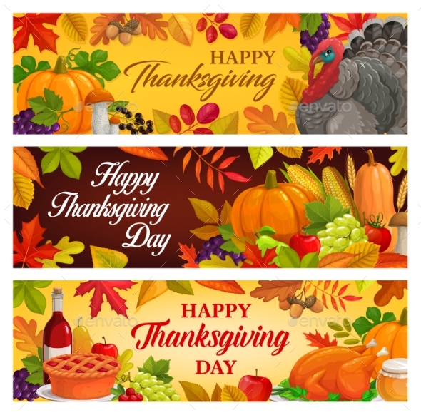 Happy Thanksgiving Day Vector Cartoon Banners