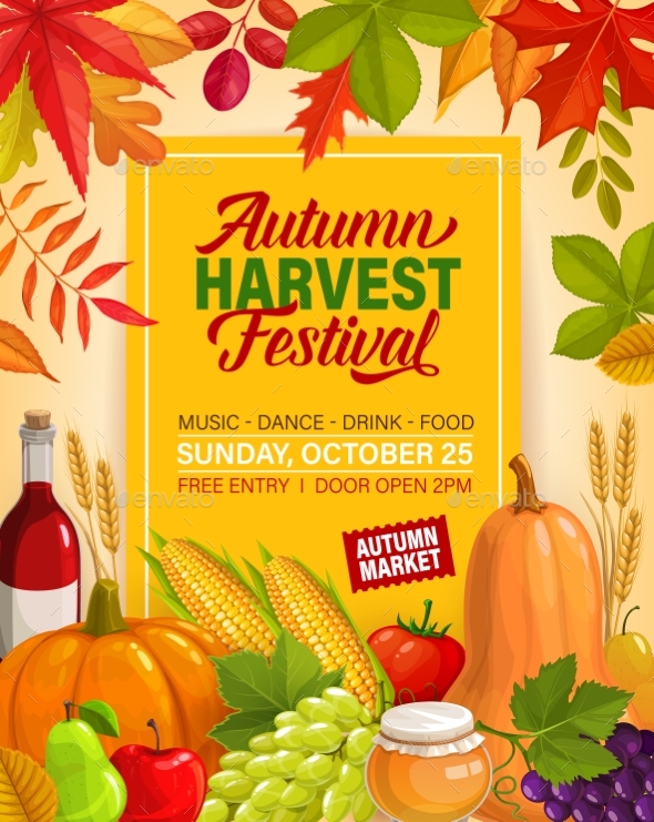 Autumn Harvest Festival Vector Flyer with Pumpkins
