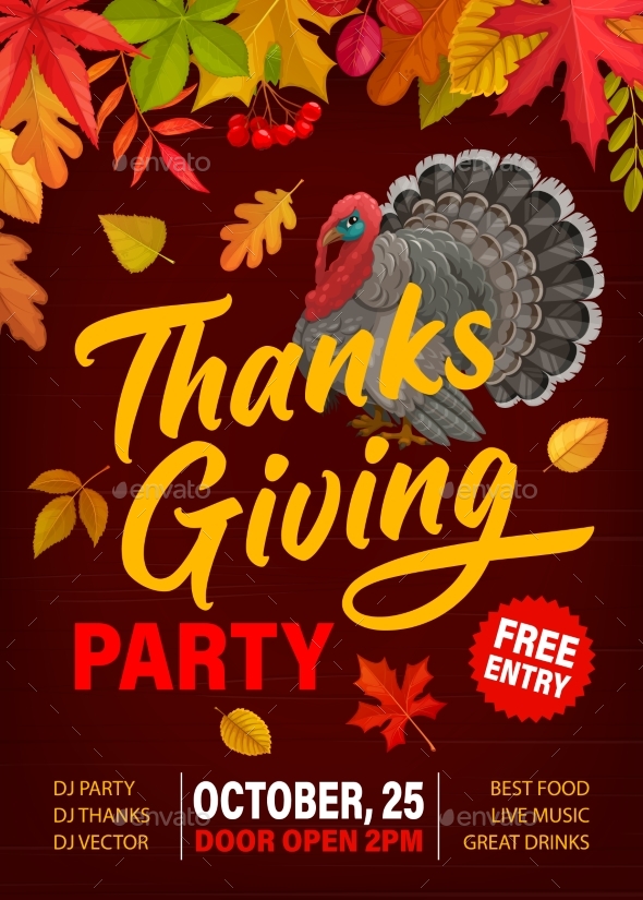 Thanks Giving Party Flyer with Turkey and Leaves