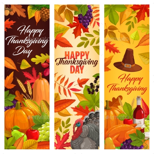 Happy Thanksgiving Vector Banners with Harvest