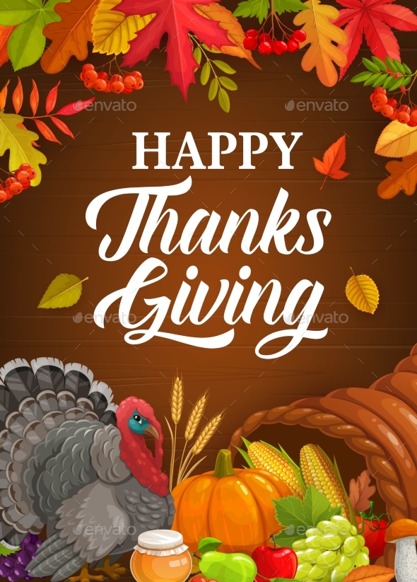 Happy Thanksgiving Vector Poster with Turkey, Crop
