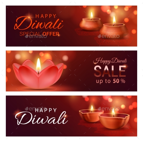 Diwali Festival Sale Offer Banners with Diya Lamps