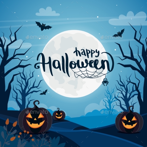 Halloween Background with Full Moon, Pumpkins and