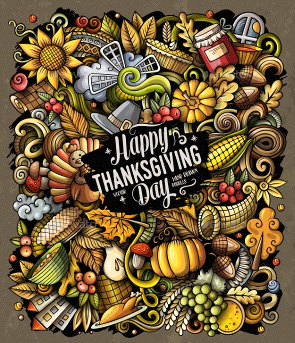 Cartoon Vector Doodles Happy Thanksgiving Day