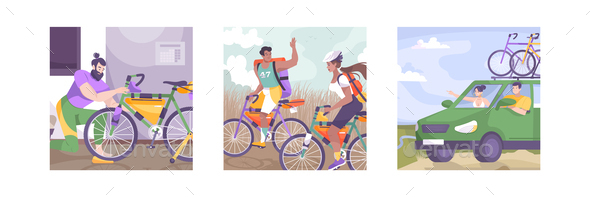 Three Flat Bike Tourism Illustration Set
