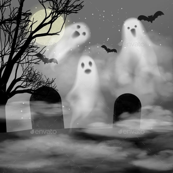Realistic Halloween Vector Background with Ghosts
