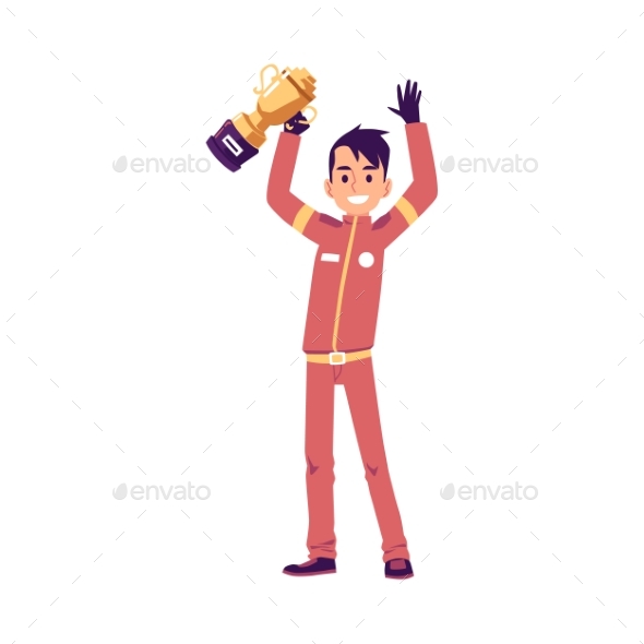 Car Race Driver or Pilot Holding Trophy Cup