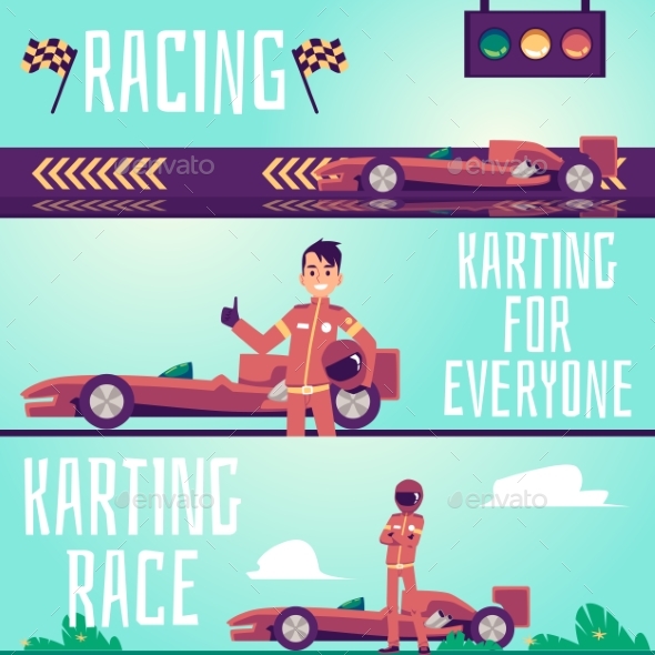 Karting Race and Racing Flyers or Banners Set Flat