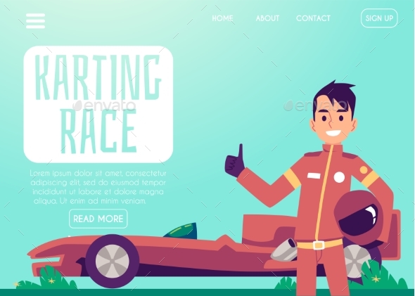 Karting Race Car Driver Landing Page, Flat Cartoon