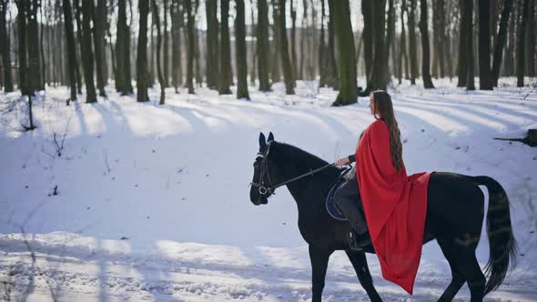 Real Time Video of Long Haired Charming Female Wearing Red Cloak Riding Black Stallion Past Camera