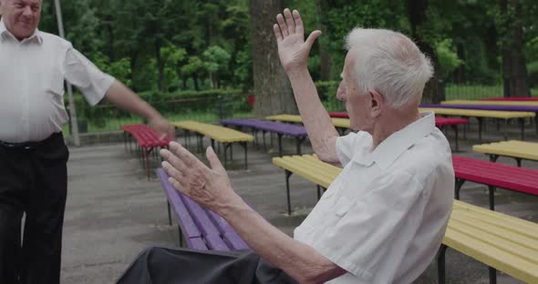 Two Seniors Men Meeting in a Park Rejoicing Embracing and Shaking Hands