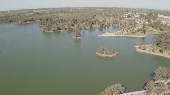 Aerial drone view of the river fluvial beach of Mina de Sao Domingos, in Alentejo Portugal