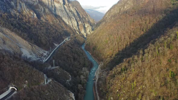 Amazing Mountain River Mzymta in the Evening Landscape of Sochi Sunset