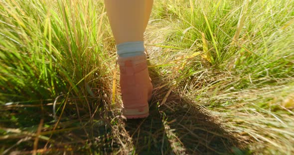Close Up Woman in Hiking Boots Walking By the Green Grass Meadow on Sunny Day
