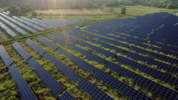 View of a solar power plant, rows of solar panels, solar panels, top view of a solar power plant