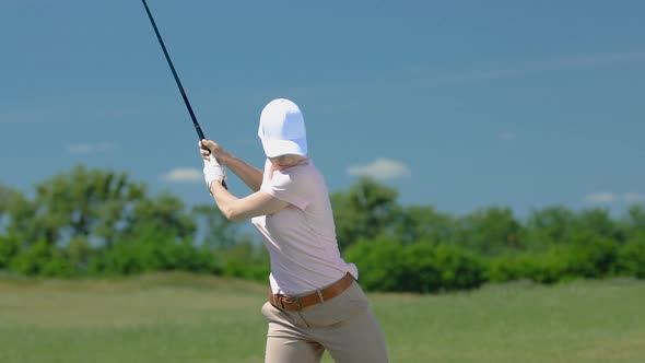 Happy Woman Making Yes Gesture Hitting Ball With Driver, Good Attempt, Slow-Mo