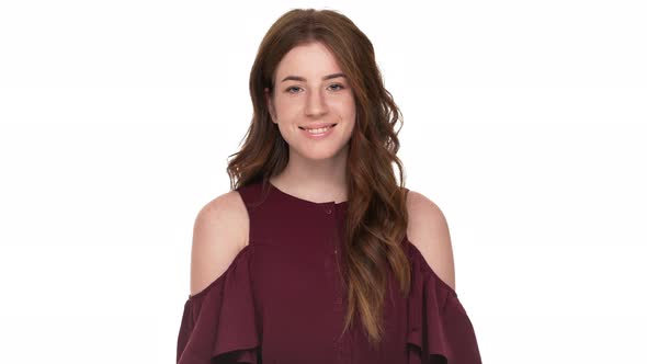 Portrait of Brunette Lady Having Good Mood Being Positive and Smiling Over White Background Closeup