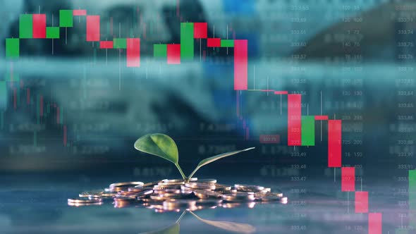 Multilayered Screen with a Plant on a Pile of Coins and Live Stock Charts