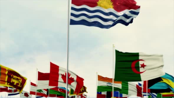 Kiribati Flag With World Globe Flags Morning Shot
