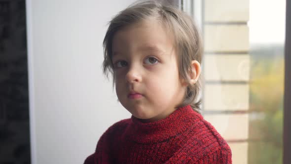 Boy Child in a Red Sweater and a Knitted Hat Sits on a Large White Window