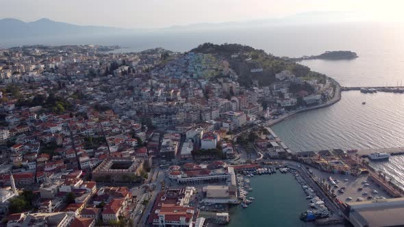 Aerial Panorama Of Kusadasi Townscape With Seaport In Turkey. Drone Shot