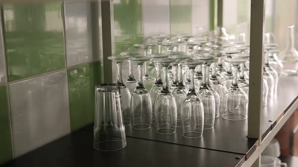 Rows of Empty Champagne Glasses in the Kitchen or in a Bar in a Restaurant