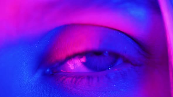 Aesthetic Female Blue Eye in Neon Light Closeup