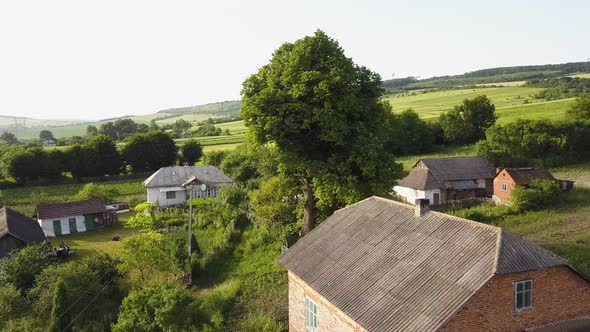 Aerial view of small village with small houses among green trees with farm fields and distant