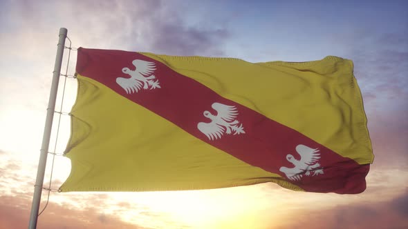 Lorraine Flag France Waving in the Wind Sky and Sun Background