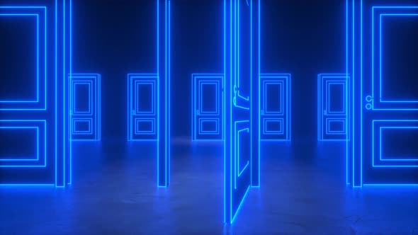 Opening blue neon door light in black hall room