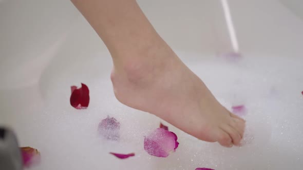 Closeup Slim Female Foot Touching Bath Foam with Rose Petals