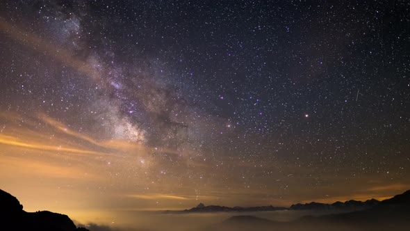 Night Sky on The Alps, Time Lapse Milky Way Stars Rotating Over Mountains