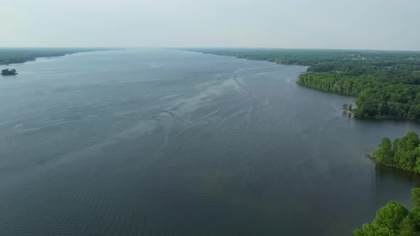 An aerial view of a forest of the Allegheny National Forest and the Allegheny Reservoir in Warren, P