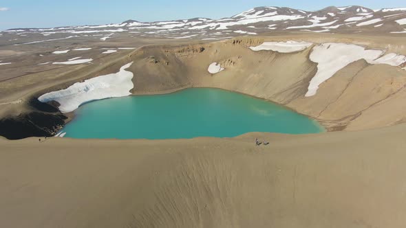 Krafla Caldera and Tourists. Volcanic Crater. Iceland. Aerial View