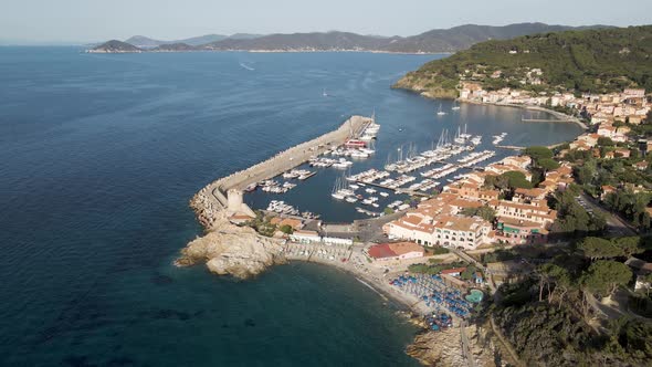 Aerial view of Marciana Marina with the harbour, Elba Island, Italy.
