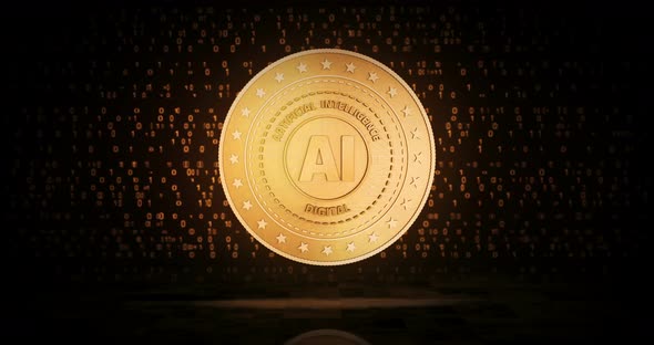 Artificial intelligence AI golden coin loop on digital background