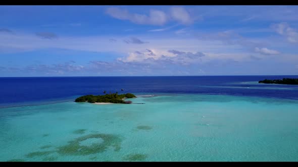 Aerial top view tourism of idyllic sea view beach break by blue water and bright sandy background of